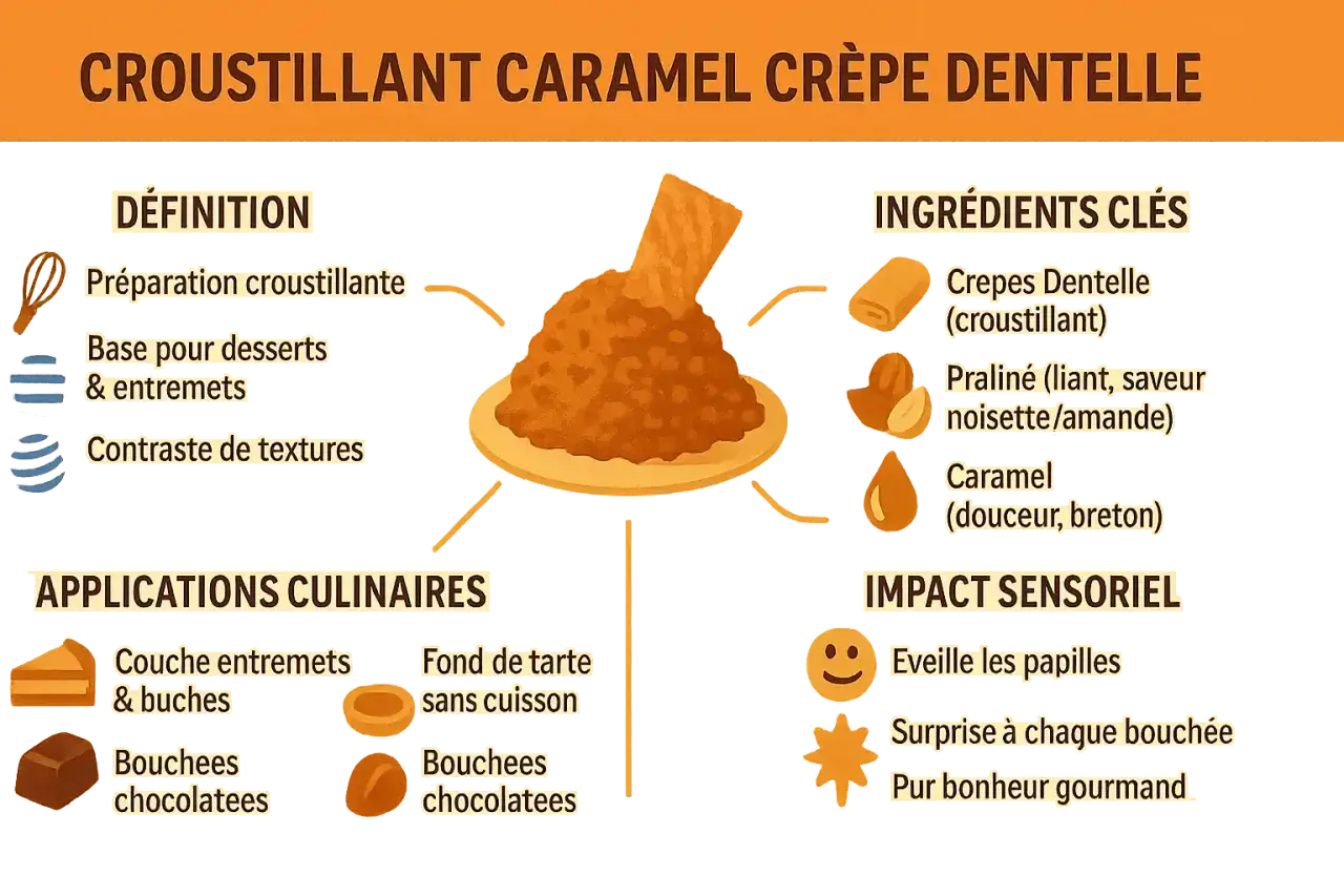 Croustillant caramel crêpe dentelle : une préparation croustillante à base de crêpes dentelle, praliné et caramel, idéale pour desserts et entremets.