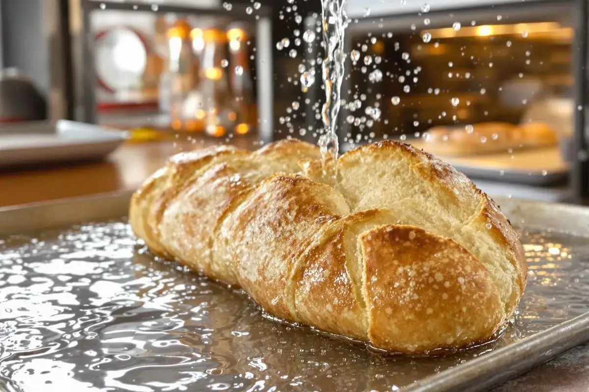 Un pain dur au four, doré et craquelé, reçoit un jet d'eau pour une croûte parfaite.
