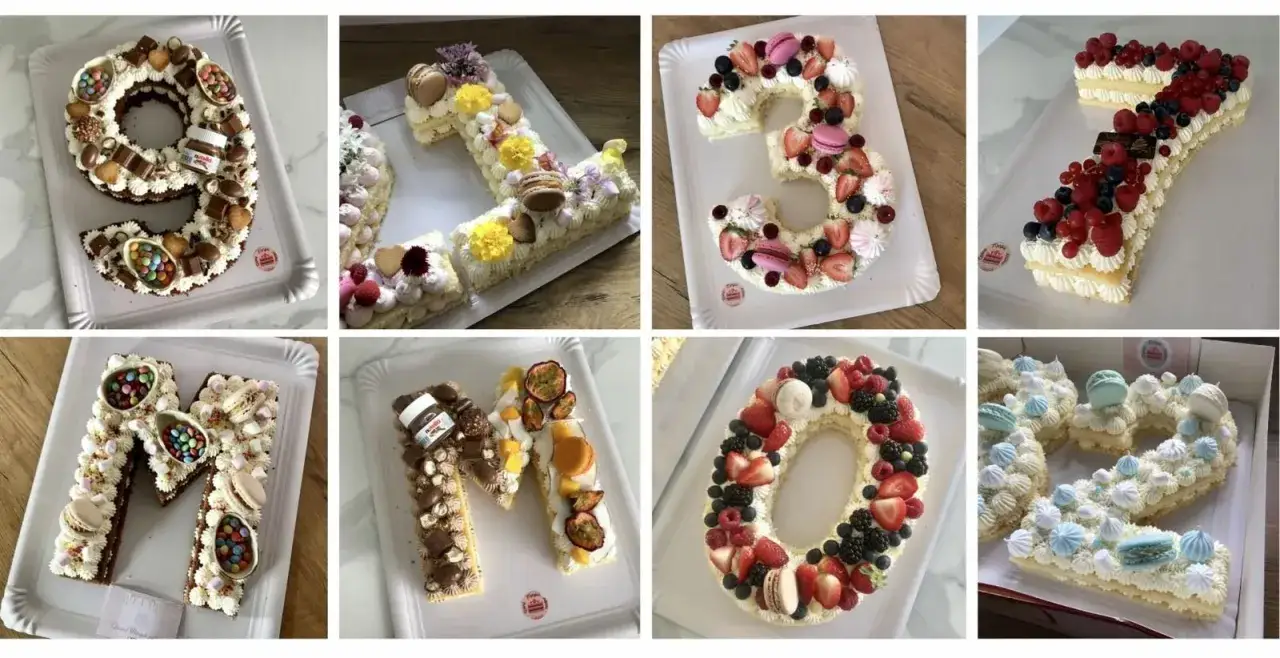 Collection de gâteaux en forme de chiffres et de lettres, décorés de fruits, chocolats et macarons. Un vrai régal visuel pour un pochage number cake !