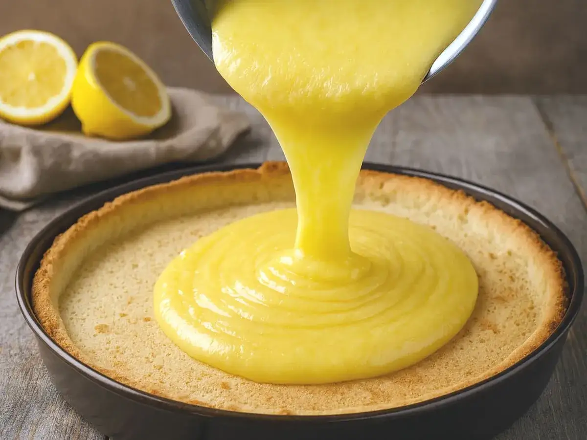 Une crème aux citrons onctueuse est versée dans une tarte. Des citrons coupés en deux sont visibles en arrière-plan.