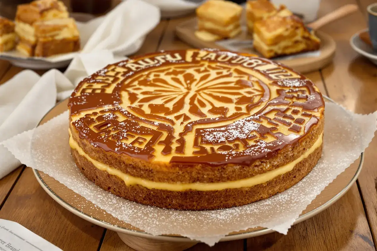 Gâteau basque aux ingrédients traditionnels, garni de crème pâtissière et nappé de caramel.