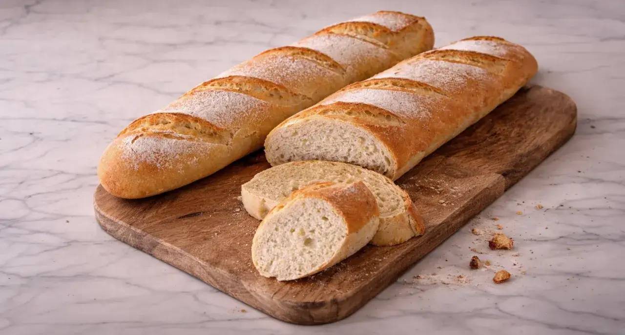 Deux baguettes dorées, tout juste sorties du four, reposent sur une planche en bois. Une est coupée en tranches, révélant une mie aérée.