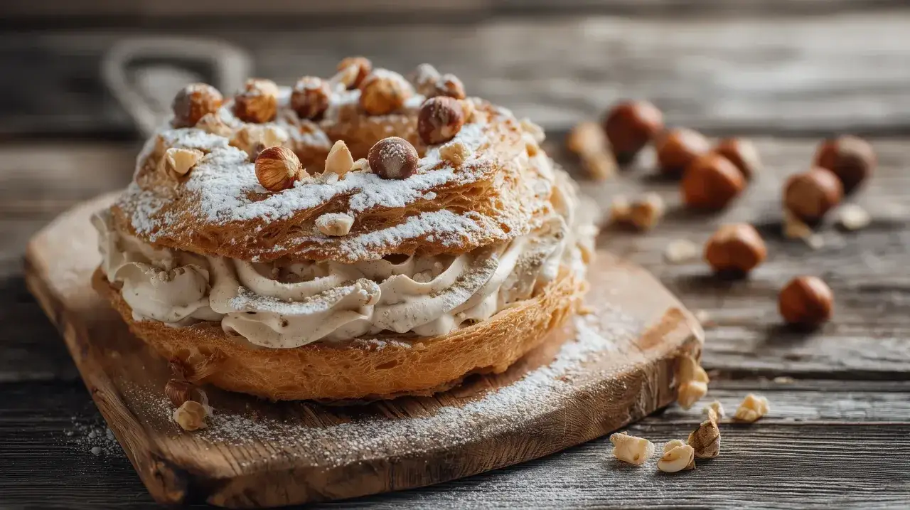 Un Paris-Brest garni de crème diplomate, saupoudré de sucre glace et décoré de noisettes entières et concassées.