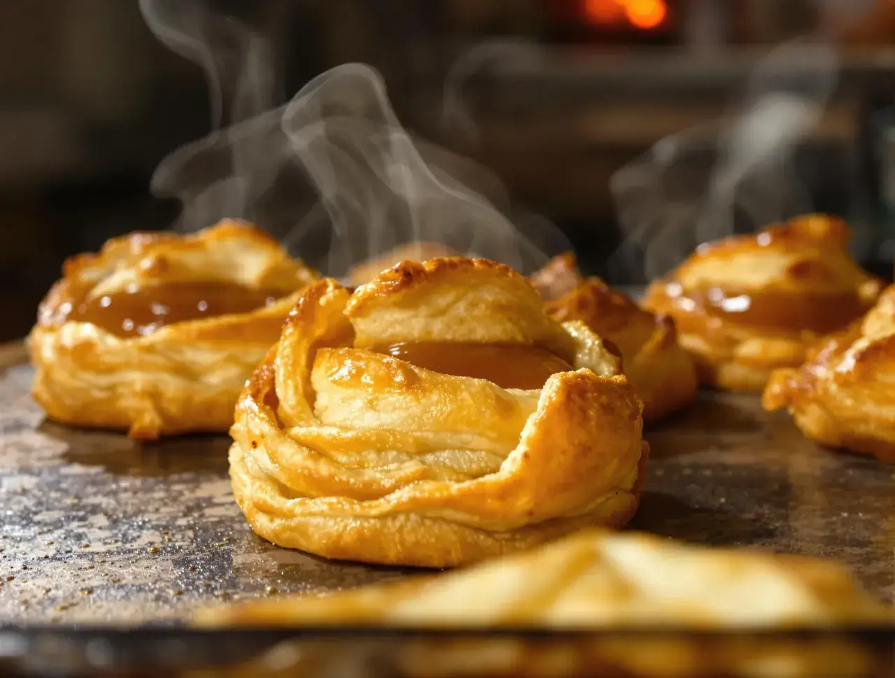 Délicieuses croûtes vol-au-vent dorées et fumantes, remplies d'une garniture caramélisée. Un délice croustillant tout juste sorti du four.