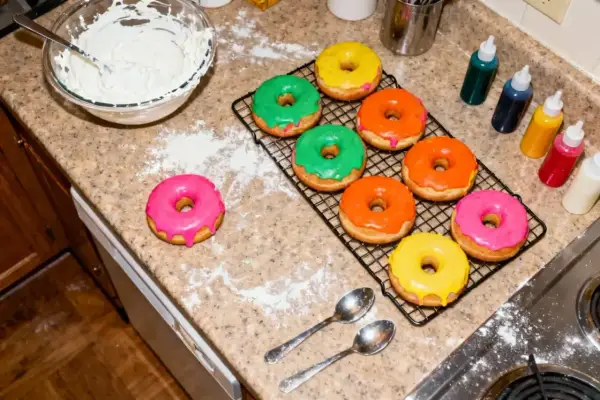 Des donuts colorés en attente de leur glacage. Une préparation gourmande pour un goûter festif.