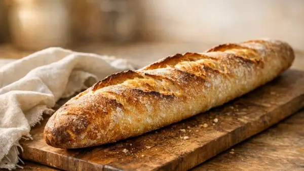 Une belle baguette dorée sur une planche en bois. On pourrait la mettre au frigo pour le conserver, mais elle sera meilleure dégustée fraîche.