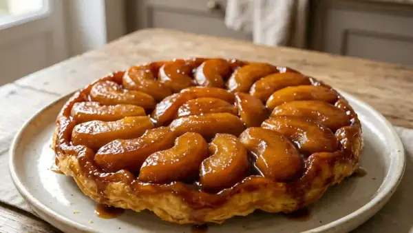 Tarte Tatin caramélisée sur sa pâte brisée dorée, un délice gourmand prêt à être dégusté.