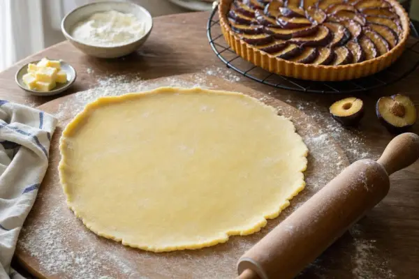 Pâte à tarte prête à être utilisée, avec un rouleau à pâtisserie et des prunes. Le fond de tarte croustillant attend sa garniture.