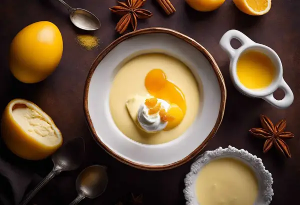 Un bol de crème anglaise 1 litre, garni de crème fouettée et d'orange confite, entouré d'oranges, d'épices et de cuillères.