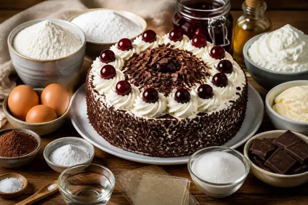Gâteau Forêt Noire, prêt à être dégusté, entouré des ingrédients pour une recette forêt noire professionnelle : farine, œufs, chocolat, cerises, crème.