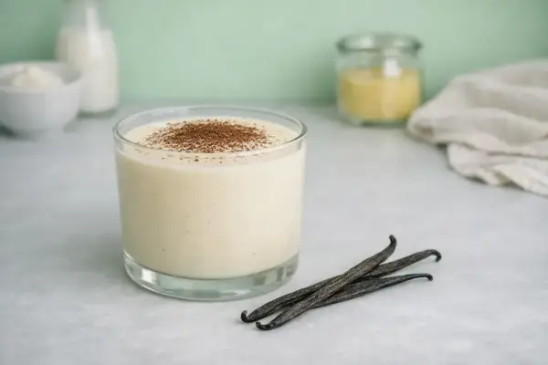 Un verre de crémeux vanille Michalak, saupoudré de cacao, avec des gousses de vanille.