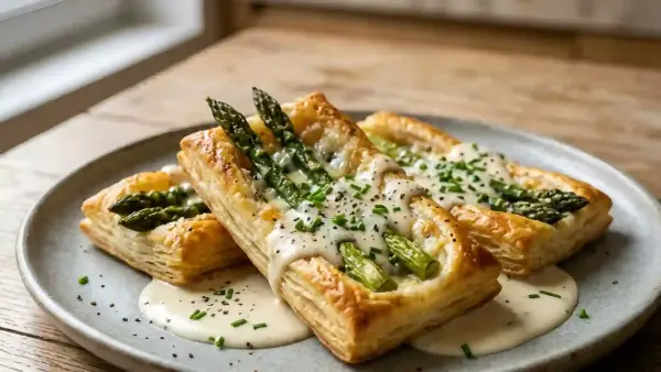 Trois feuilletés aux asperges, dorés et garnis de fromage fondant, de ciboulette et de sauce crémeuse, sur une assiette grise.