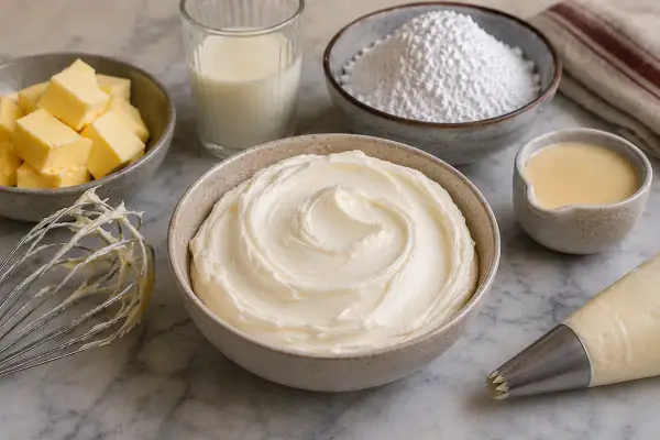 Préparation d'une crème au beurre traditionnelle : beurre, sucre glace, lait, et une poche à douille prête à l'emploi.