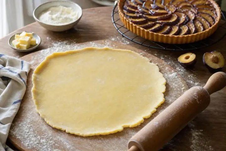 Pâte à tarte prête à être utilisée, avec un rouleau à pâtisserie et des prunes. Le fond de tarte croustillant attend sa garniture.