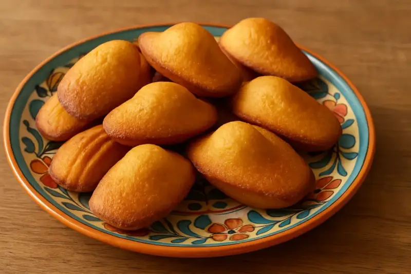 Assiette colorée de madeleines dorées, parfaites pour des recettes de madeleines maison.